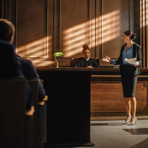 Attorney presents case to judge in a Colorado courtroom for a protection order hearing.
